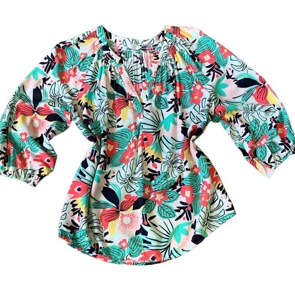 Crown & Ivy L Tropical Floral BOHO V-Neck 3/4 Sleeve Peasant Blouse 75C - Picture 2 of 7